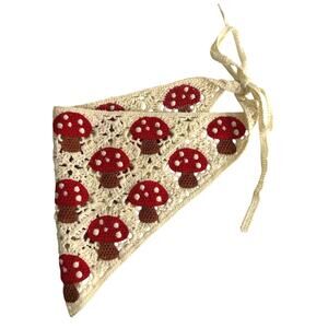 Sunday State crochet headband cream featuring a red and brown mushroom pattern
